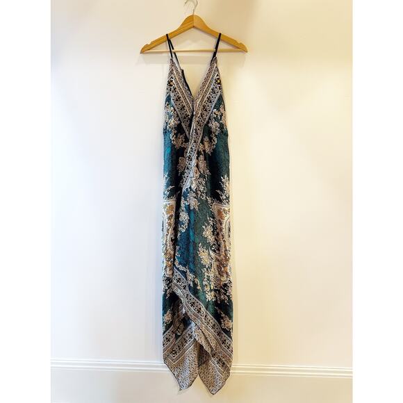 Thai Silk Green V-Cut Asymmetrical Hem Back Cross Strap Paisley Print Dress - Picture 3 of 12